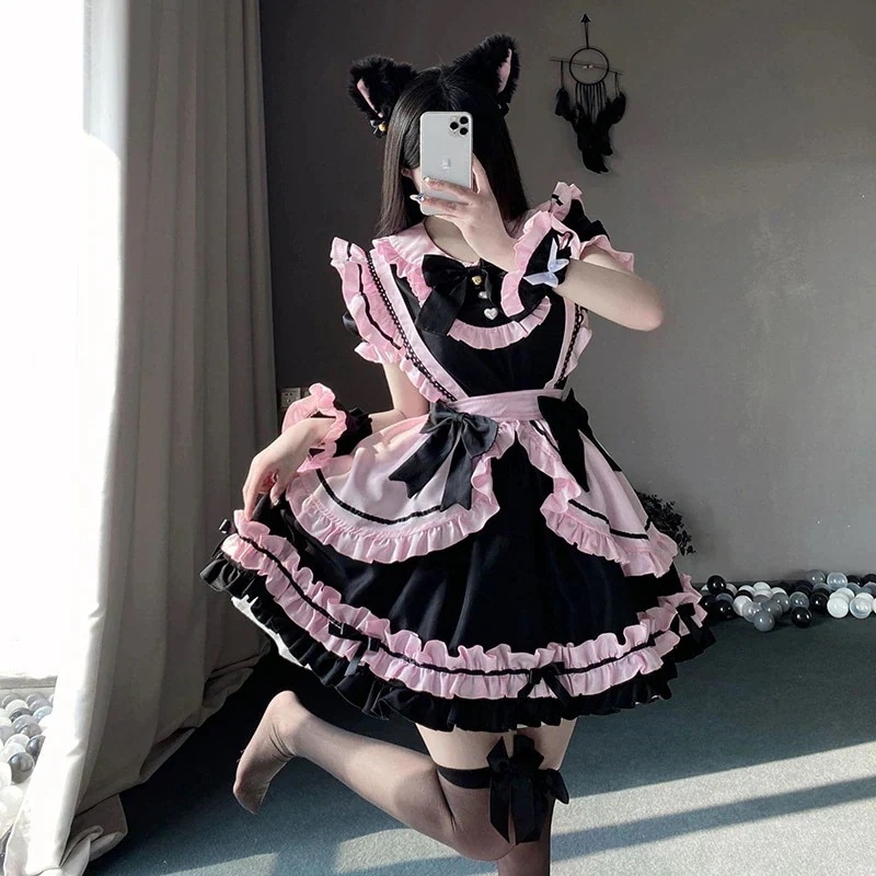 メイド服 ワンピース ショート ロング丈 プリンセススカートミニマドレーヌ 半袖 ロリータ 犬ショートギャルjskロリータキャンバスショルダー メイド服 コスプレ ハロウィンコスチューム