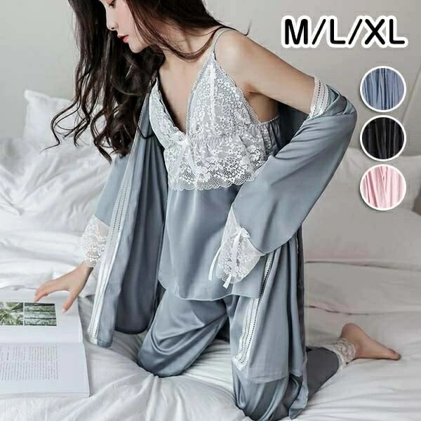ナイトガウン キャミソール 長ズボン セット アイスシルク 涼しげ 春パジャマ レース セクシー ランジェリー レディース パジャマ ルームウェア 春 夏 秋 ナイトウェア M/L/XL 水色 黒 ピ
