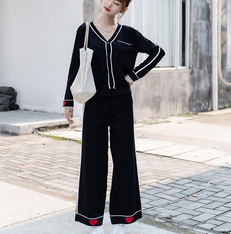 ニットセットアップ 長袖 ガウチョパンツ ワイドパンツ トップス ニット ニットカーディガン Vネック 体型カバー 着痩せ レディース 春秋 冬 ロングパンツ ブラック 黒