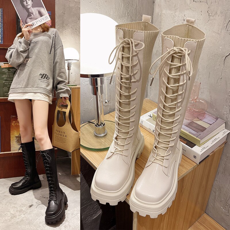 レースアップシューズ韓国靴レディースファッション疲れロングブーツ厚底靴ロングブーツがm31
