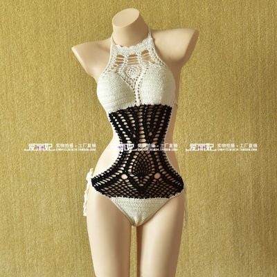 4050.ウルトラセクシー ニット温泉ビキニ（ウェーブ形 ホワイト＆ブラック）