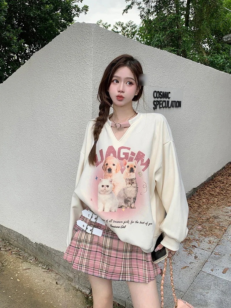 大きいサイズ印刷Vネック長袖セーターレディース秋作太いmm薄いトップス女性