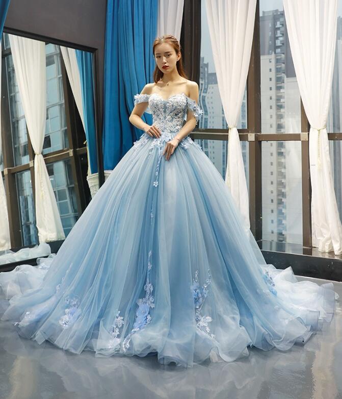 営业促进 オフショルダー カラードレス ロングドレス 演奏会 コンサート パーティードレス ウェディングドレス 二次会 プリンセス 結婚式 ステージ衣装 大きいサイズ ブルートレーン 花柄 イブニング