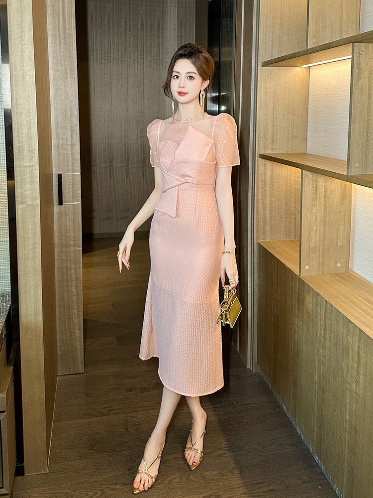 【JY.上品】 2024夏新品 ピンクワンピース 蝶結び チュールドッキング ドレス パーティー キャバ 大人 同窓会 披露宴 卒業式 結婚式 演奏会 ウェディング 二次会 メガ割