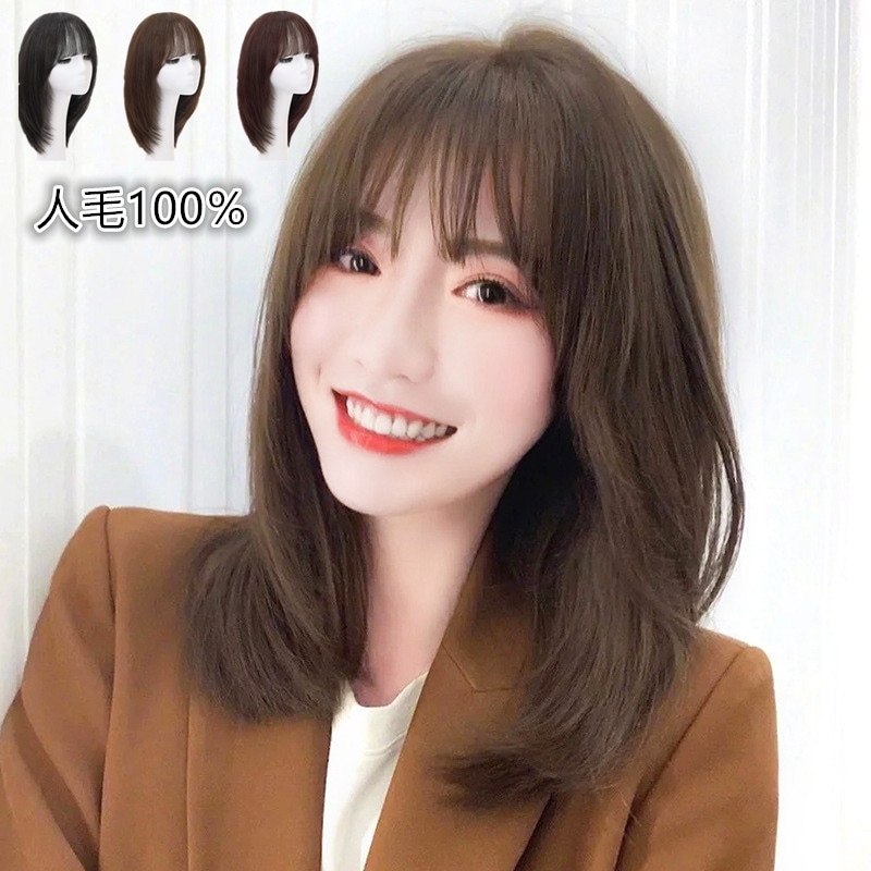 ウィッグ レディース 人毛100％ 自然ミディアムフルウィッグ ボブウィッグ 医療用ウィッグ 前髪 かつら ゆるふわ 通気 小顔効果0かわいい金髪 黒髪J192