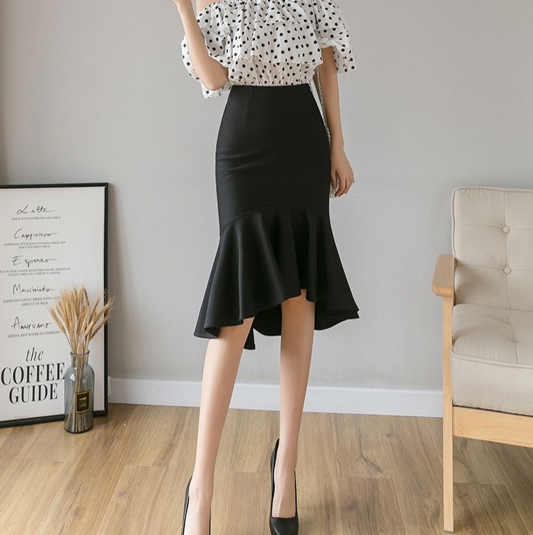 ミドル丈タイトスカート フリルタイトスカート マーメイドラインスカート カジュアルタイトスカート スカート ロングスカート ペンシルスカート タイトスカート 膝下 ロング ロング丈 7分丈