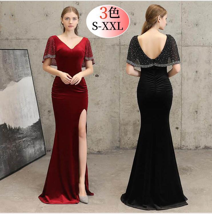 Vネック 半袖 ワンピース ドレス 披露宴 二次会 キャバドレス ロングドレス タイトワンピース スリット入り 結婚式 演奏会 発表会 忘年会 成人式 パーティードレス 上品 女性 30代 40代 5