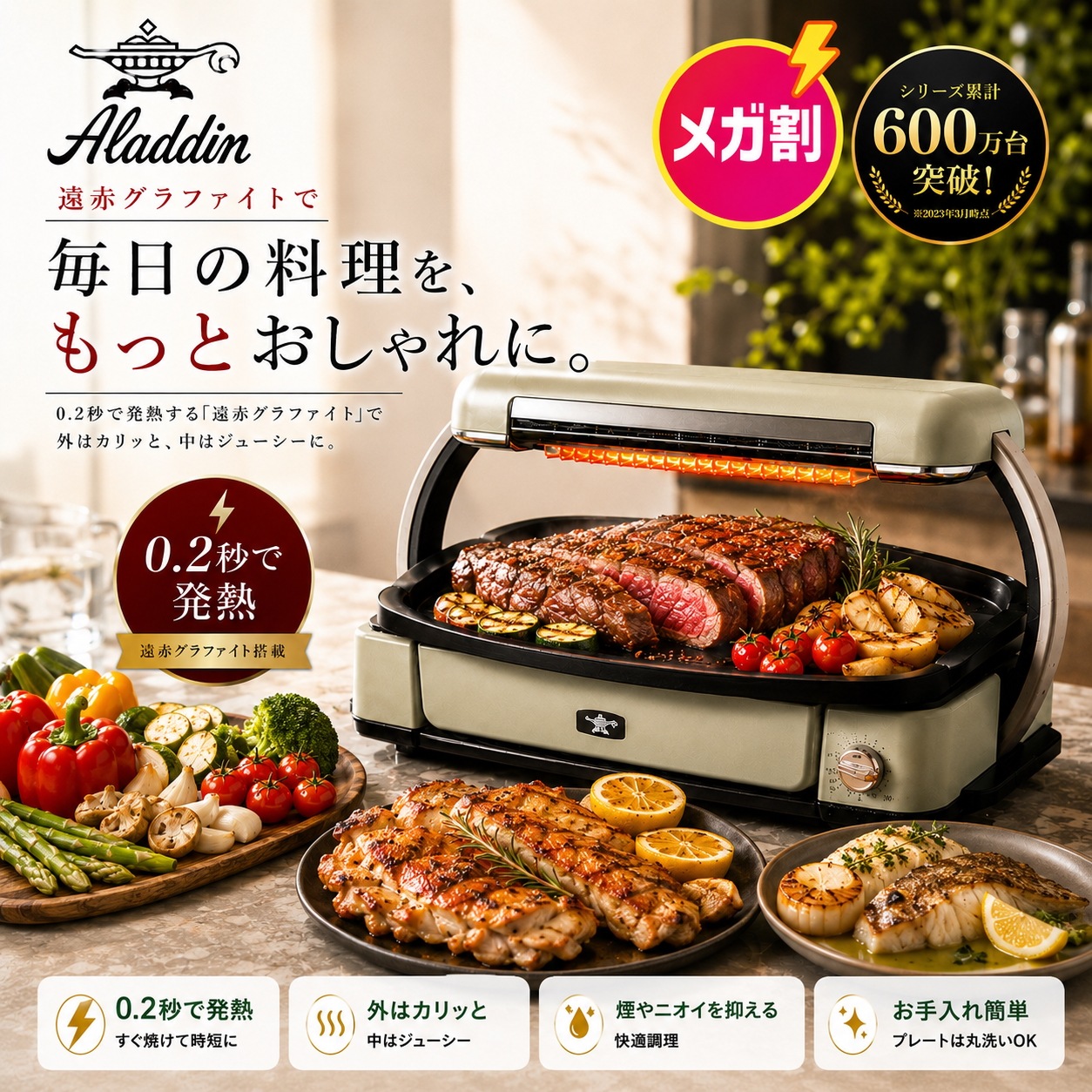 【20%対象】アラジン グラファイトグリラー ホットプレート グリル 0.2秒発熱 減煙 油飛沫防止 6段階温度調節機能 マジックプレート 遠赤グラファイト搭載 収納バッグ付 新品