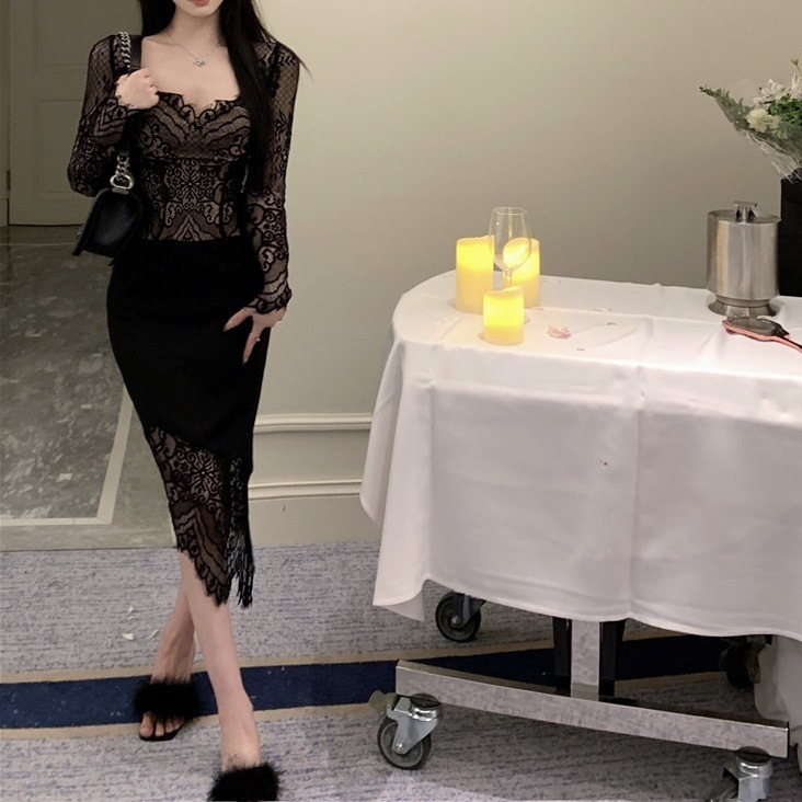 セットアップ レディース トップス ボトムス スカート 長袖 レース ひざ下 ミモレ ミモレ丈 2点セット 上下セット 刺繍 セクシー ドレッシー 結婚式 パーティー お呼ばれ きれいめ 上品
