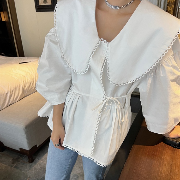 トップス シャツ ブラウス 白シャツ 白トップス 袖あり 長袖 ボリューム袖 襟付き フレア ワイド レース 綿 かわいい 大人可愛い きれいめ お洒落 かっこいい レトロ 大人可愛い 大人女子 7,952円