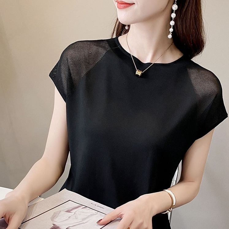 トップス カットソー ミディアム丈 袖あり 半袖 ラウンドネック 襟なし ワイド リブ 透け感 サマーニット 薄手 透かし彫り 大人可愛い きれいめ シンプル カジュアル 大人 上品 お洒落 大人女子