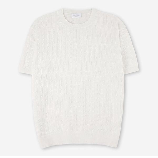 男性ケーブルリネンラウンド半袖ニットTシャツ AT KNH Q012 アイボリー_P422651160