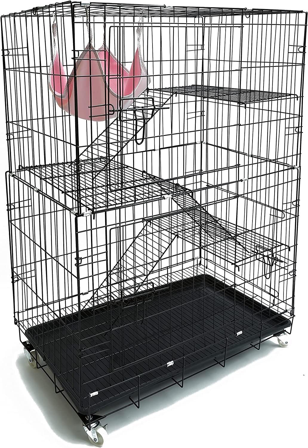 猫ケージ キャットケージ ミニ 猫用 大型 折りたたみ キャットケージ ドア付き 幅76×奥行46×高さ111cm キャスター付き ローラー付き 3段 組み替え自由 猫用ケージ キャットケージ 成猫
