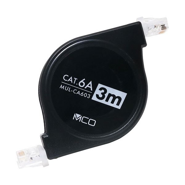 （まとめ）カテゴリー6A巻き取りLANケーブル ブラック 3m 1個[x3]