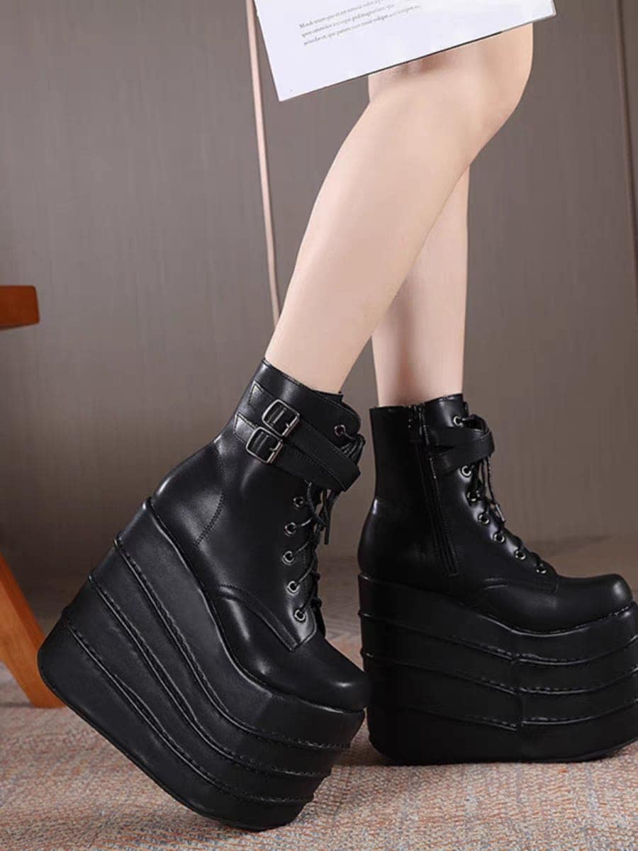 超厚底 ブーツ 靴 春秋 シンプル PU 超厚底 パンク風 ヴィンテージ ヒール16cm シューズ 小さいサイズ 大きいサイズ ストラ