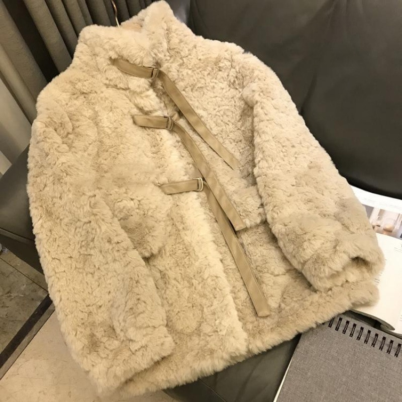 ラムウールコート レディース 2025冬新作 バイク風 スタンドカラー イミテーションラビットファー ショートファー オールインワンコート レディース