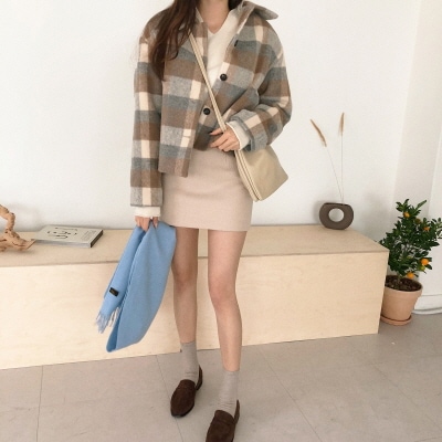 ふゆセール韓国ベストブランドロ（ウール）配色チェック柄ショートカラージャケット送料無料2PER 8,308円