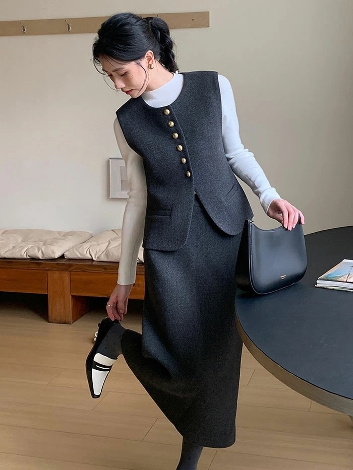 セットアップ レディース スカートスーツ 2点セット フォーマル 卒園式 ママ コーデ ジレ &スカート クルーネック ベスト ミモレ丈 ママスーツ オフィス カジュアル ビジネス 通勤 OL 事務所