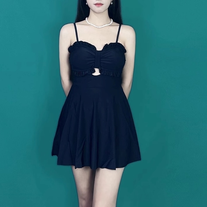 スイムウエア 水着 ワンピース水着 フリル リボン スカート付き 背中開き 伸縮性 胸元 谷間 胸パットあり バックシャン 可愛 かわいい 大人可愛い レトロ シンプル カジュアル 大人 おしゃれ