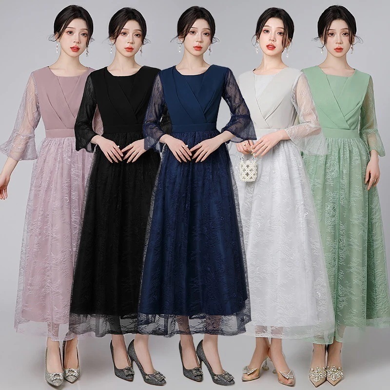 Hot!!!レース袖 イブニングドレス チュールスカート ロングワンピース イブパーティードレス キャバ 着痩せ 大人 同窓会 披露宴 卒業式 結婚式 演奏会 ウェディング 二次会 発表会 メガ割