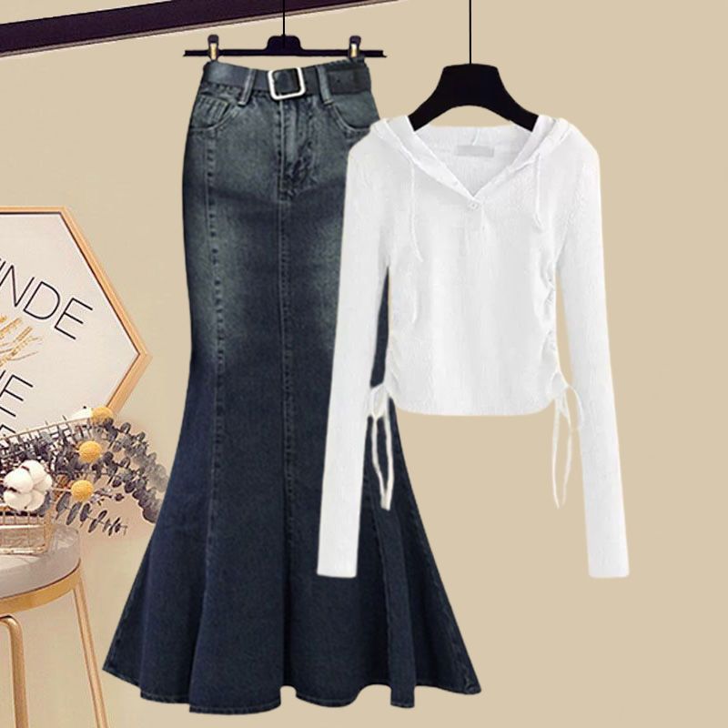 【流行に流されないデザイン】 無地 フード付き 長袖 ボウタイ トップス+デニム ハイウエスト フィッシュテール スカート ワンピースセット