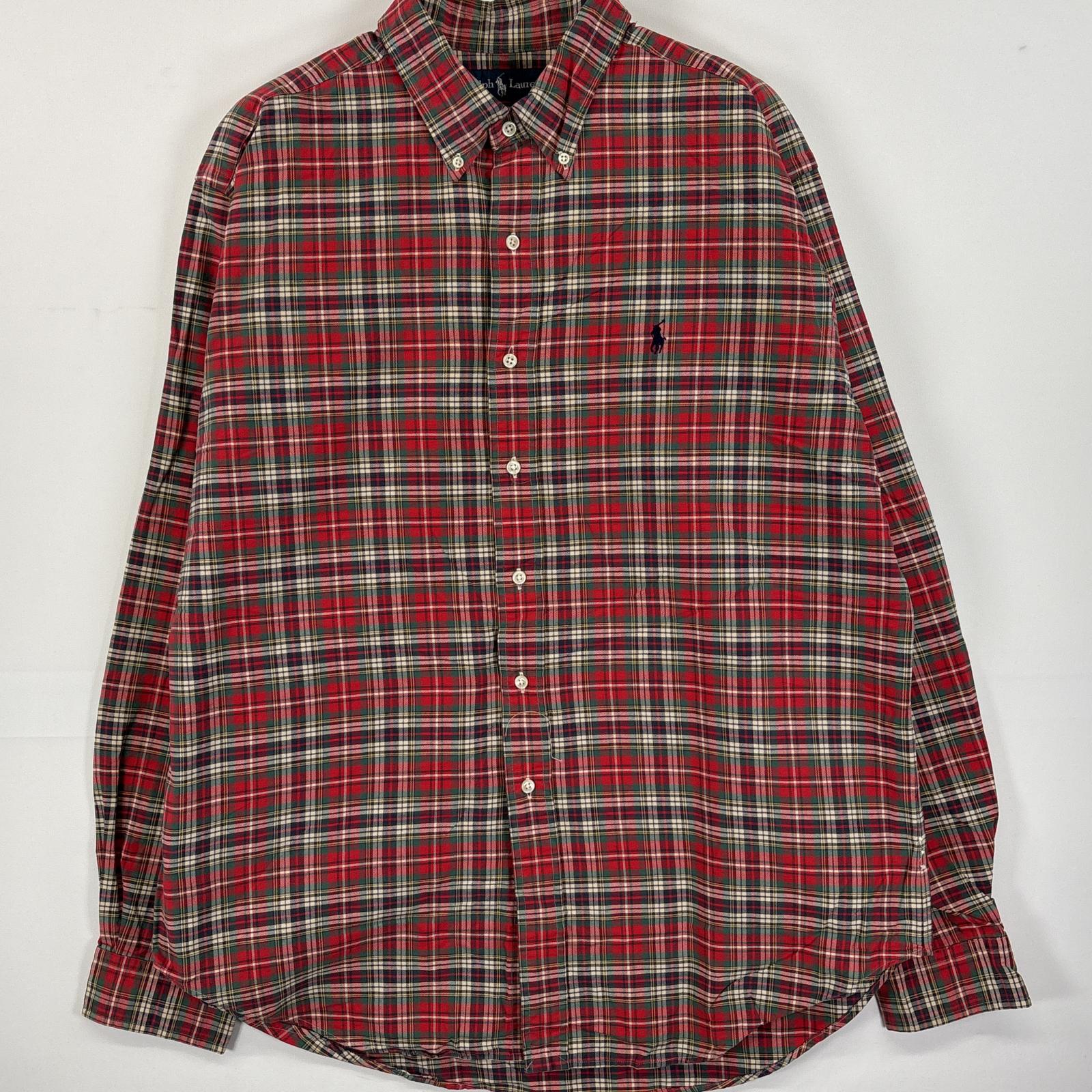 古着 長袖シャツ ボタンダウンシャツ ワンポイント ロゴ 刺繍 大きいサイズ XL レッド系 チェック メンズ