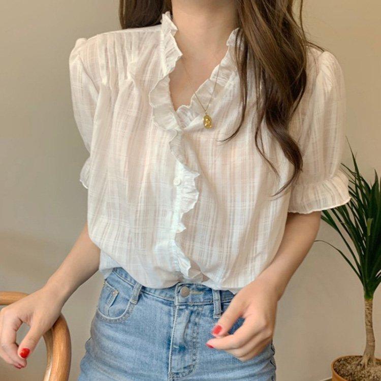 レディースブラウス白オシャレブラウス半袖トップス韓国風tシャツフレアVネック薄手パフスリーブトップス体型カバー