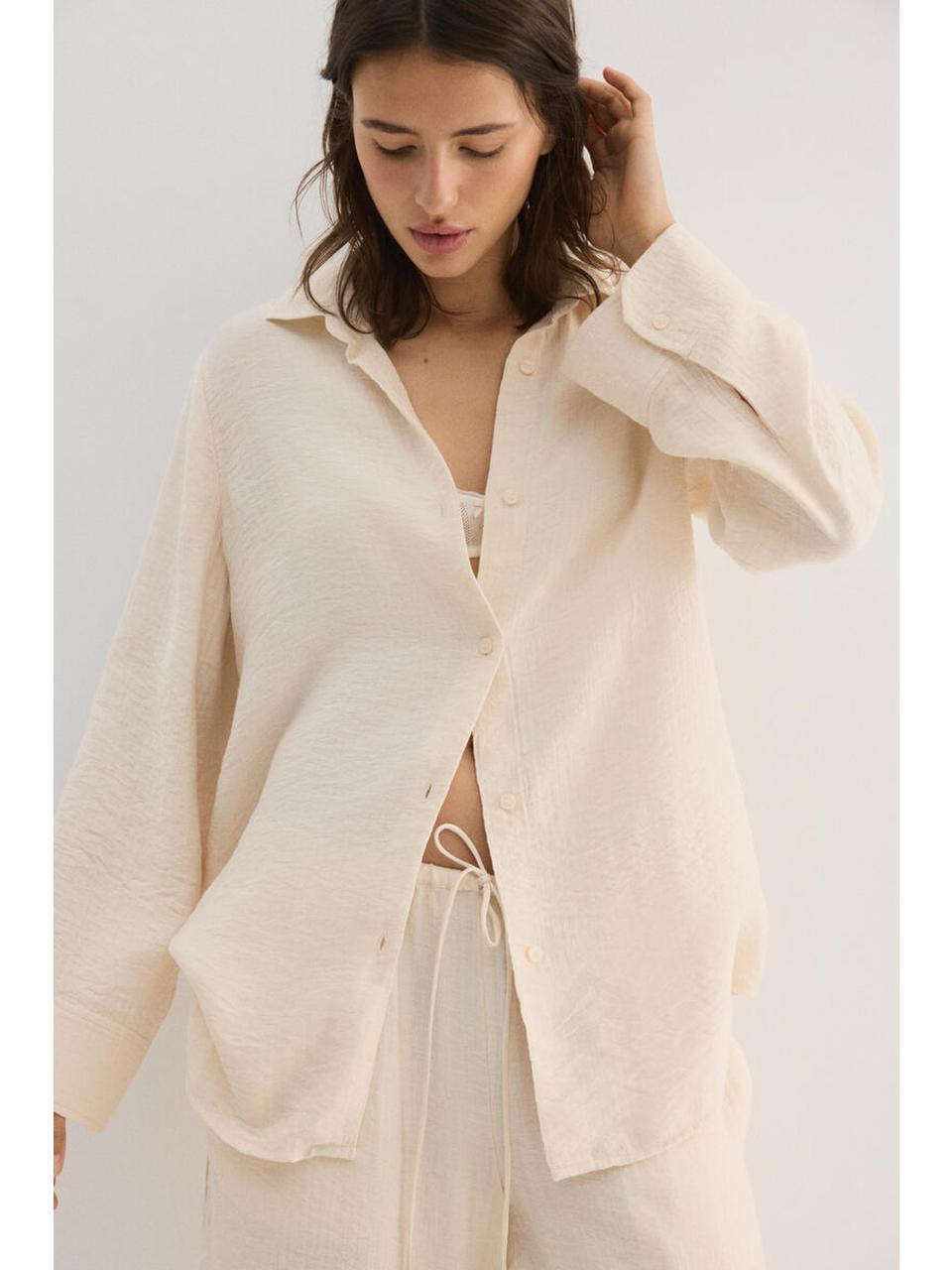 H&M クリンクルビスコースブレンドシャツライトベージュ 1338961001