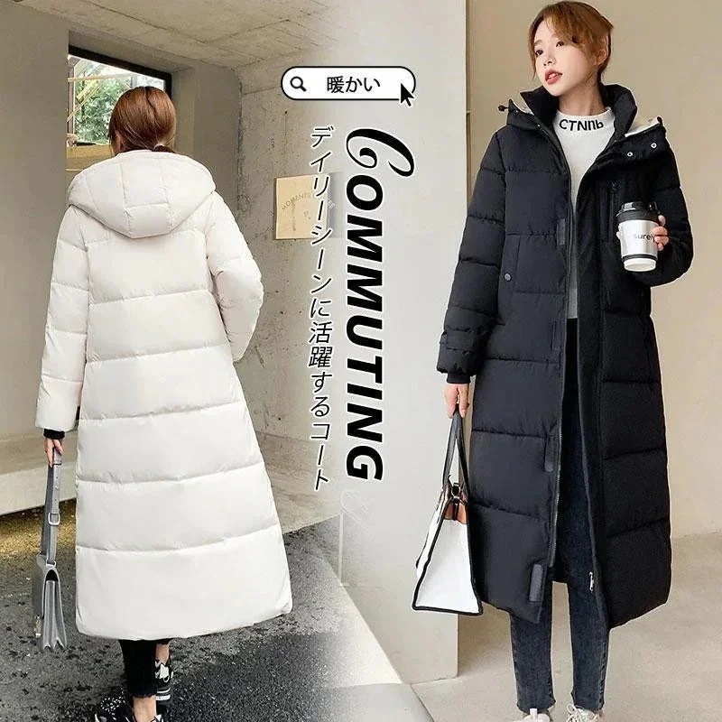 大人の魅力ダウンコートレディース中綿コート中綿入りロング丈フード付きジップアップ冬服着痩せ暖かい防風防寒ジャケット保温キルティングダウン