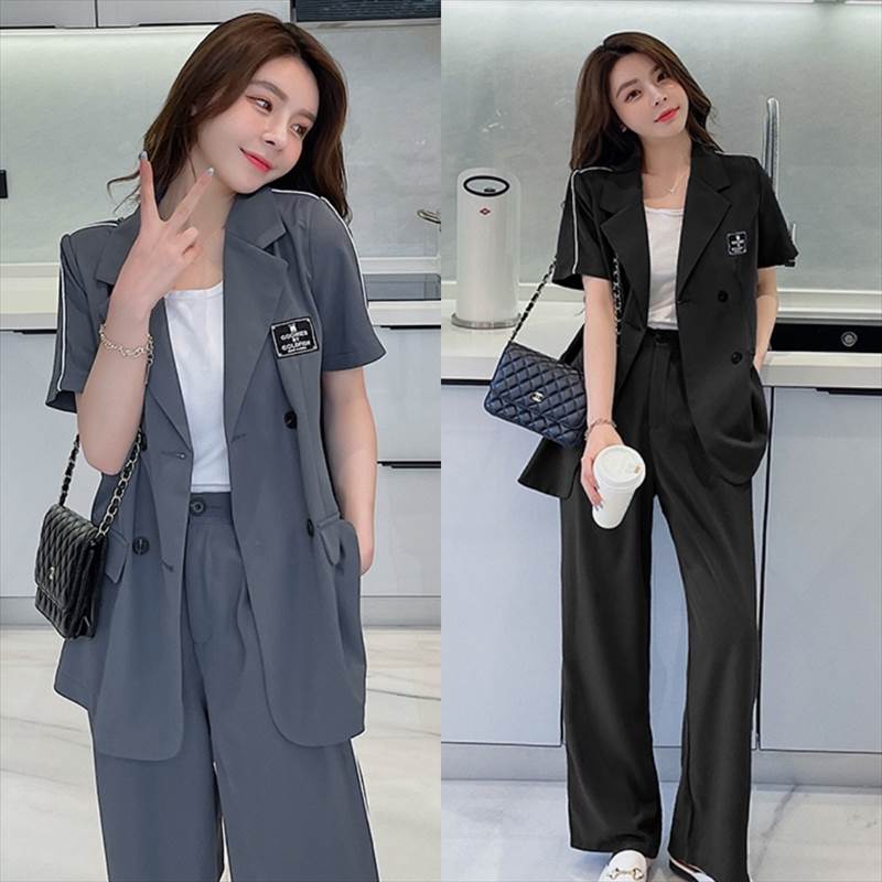 大ヒット中 セットアップ ジャケット パンツ スーツ 上下セット 半袖 個性的 カッコイイ ワッペン ライン スポーティー 春 夏 カジュアル ラフ 黒 灰色 無地 グレー ブラック コーデ ワイドパ