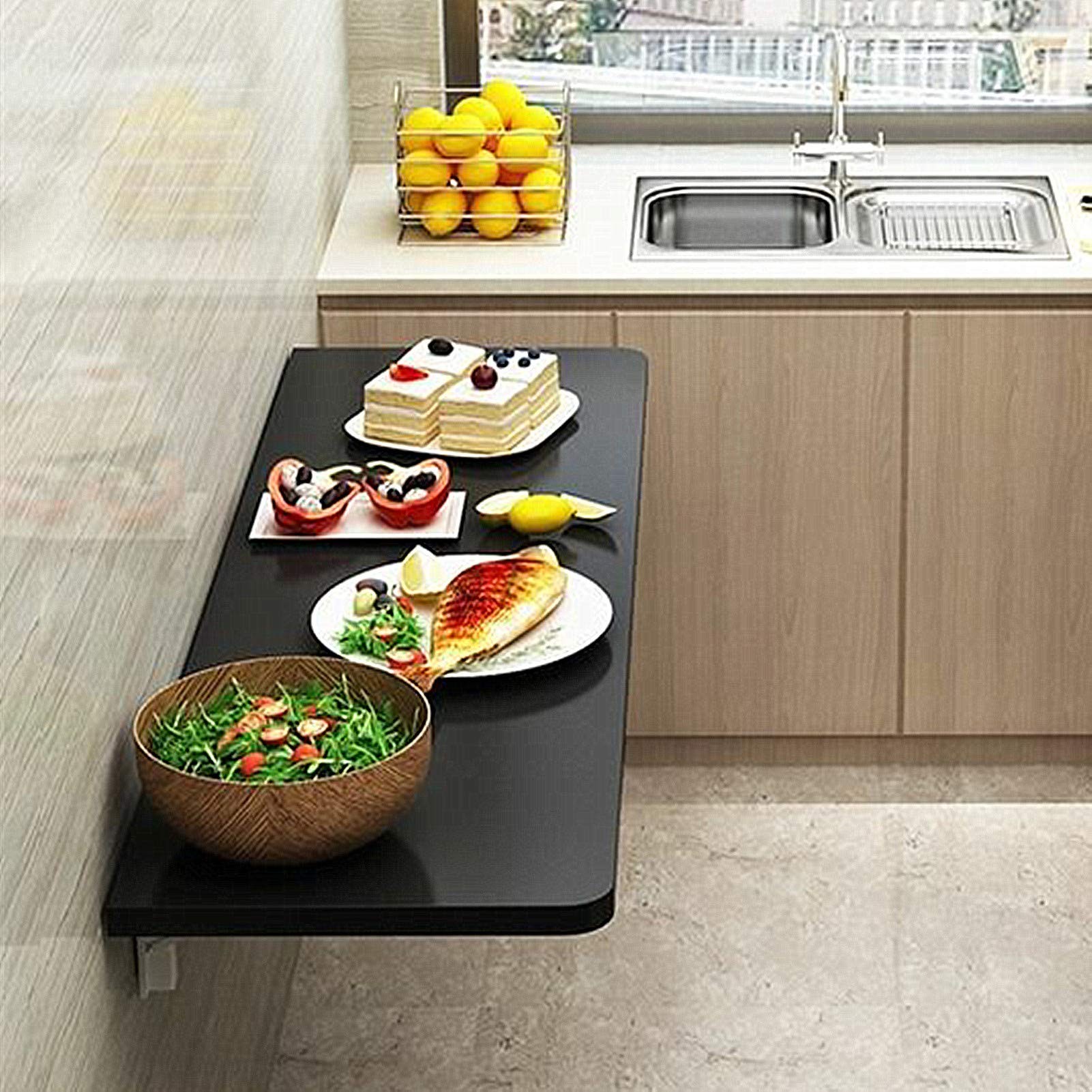 フローティング壁掛け折りたたみドロップリーフテーブル 棚付き 省スペース木製デスク キッチン カフェ ダイニング ホームオフィス 寝室用 ブラック (70x20cm)