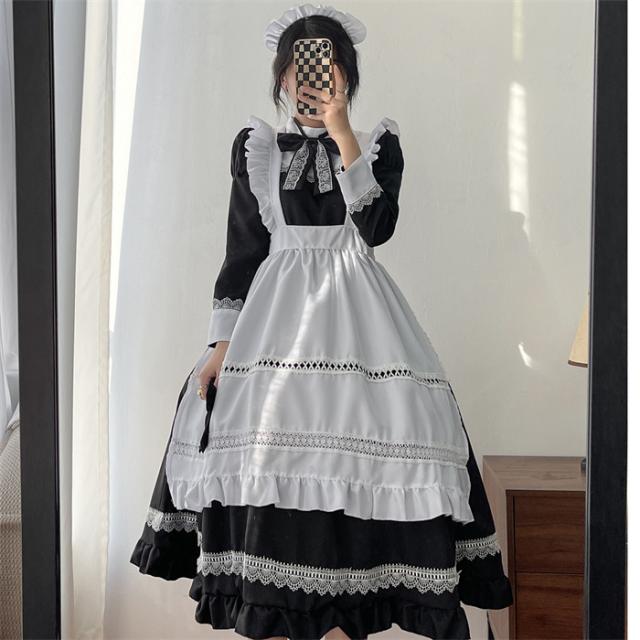 メイド服 ロリータ ワンピース コスチューム 飾り付き エプロン 髪飾り リボン レース 文化祭 学園祭 メイドカフェ Lolita 長袖 ロング コスプレ衣装 アニメ 可愛い ブラック オーバーサイ