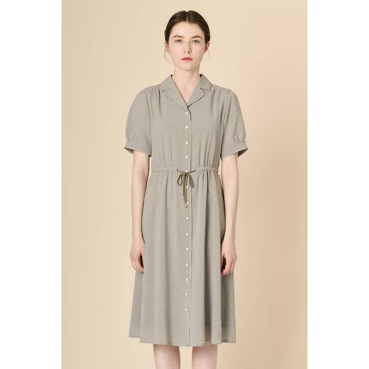 [韓国きれいめコーデ ] ドローストリング チェックワンピース