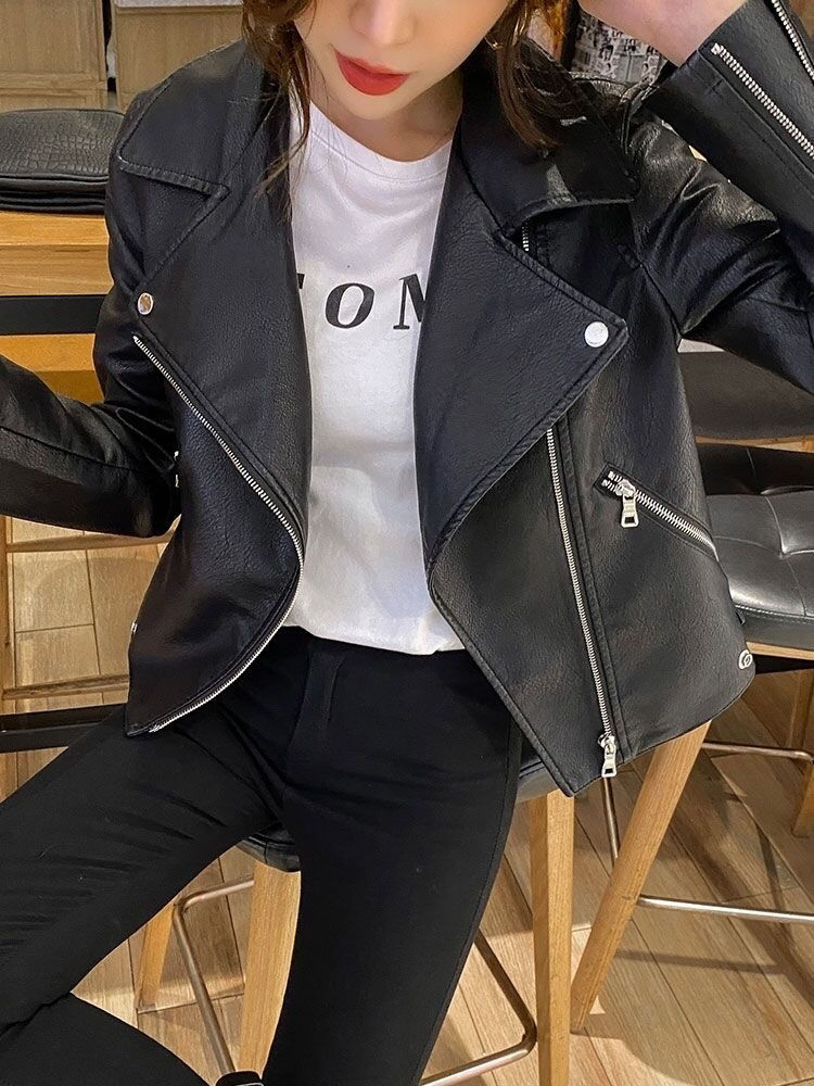 PUレザー 韓国おしゃれオールマッチレディースライダースジャケット アウター レデス