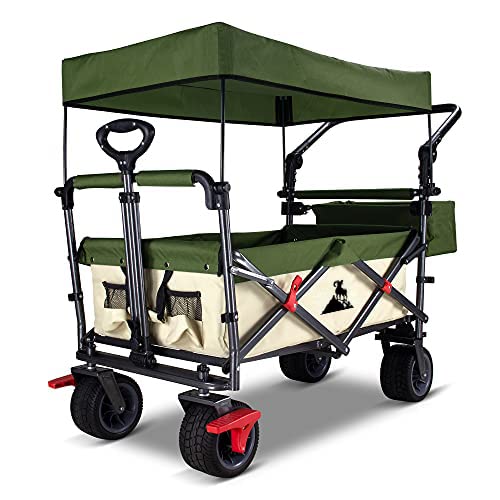 キャンプカート アウトドアワゴン 100L大容量 120kg耐荷重 ノーパンクタイヤ ブレーキ付 折りたたみ可能 屋根付き キャリーカート キャンプ用品 アウトドア用品 (クリーム入り/グリーン)