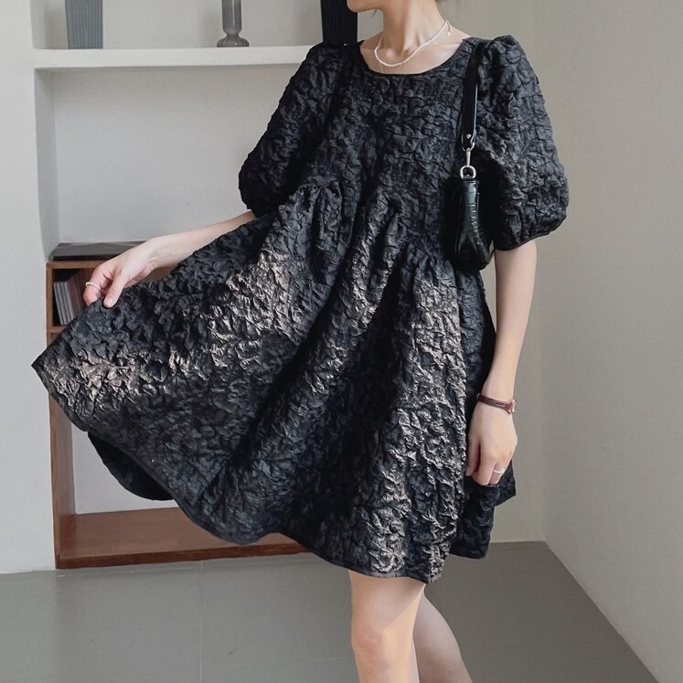 3color レディース ワンピース トップス 膝上 半袖 半そで 5分丈 パフスリーブ ボリューム