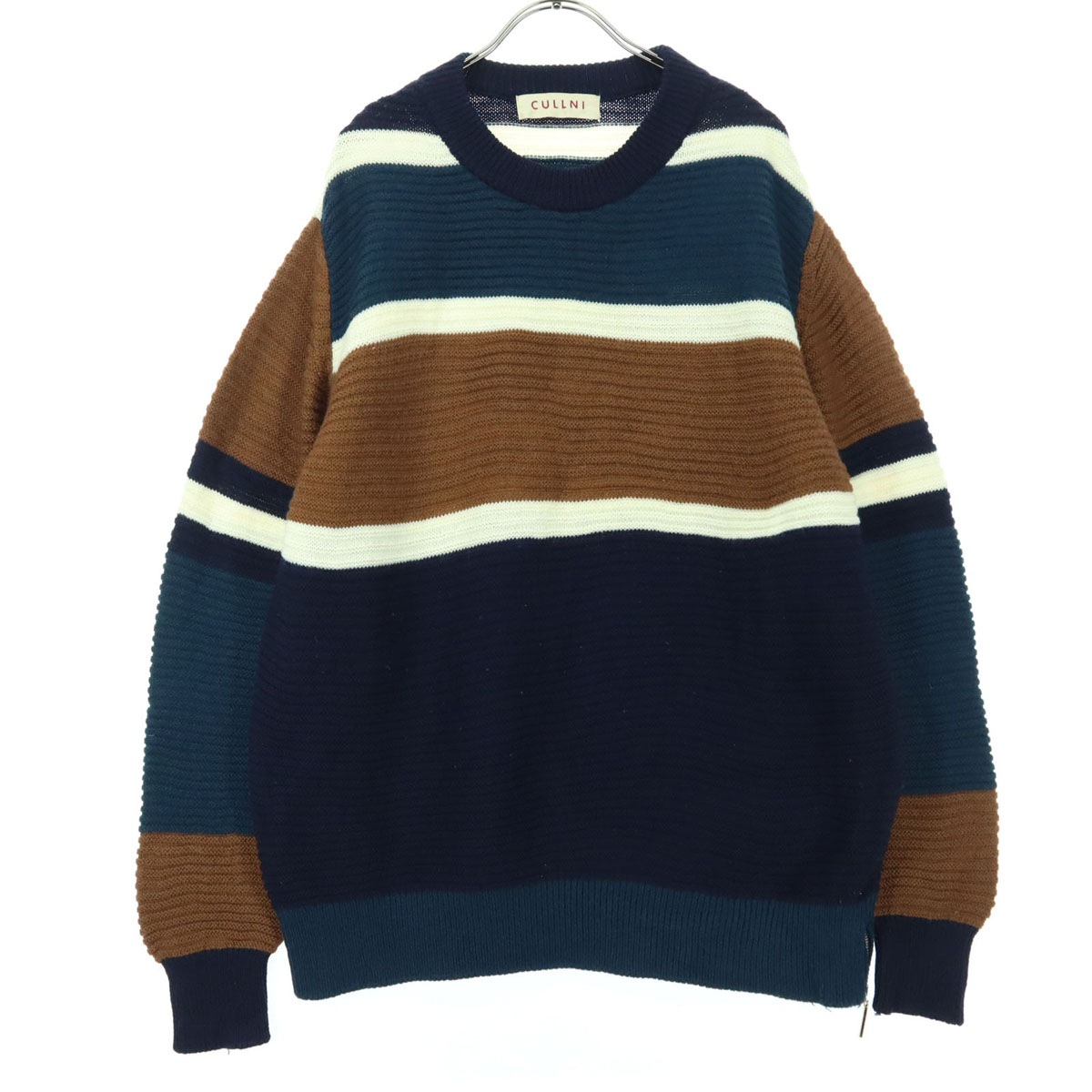 日本製 ボーダー柄 長袖 セーター 2 ネイビー レディース 古着