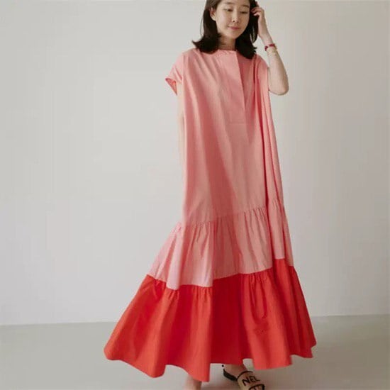 【取寄：納期2週間】ワンピース ロング丈 フリル ドルマンスリーブ プルオーバー Aライン レディース 無地