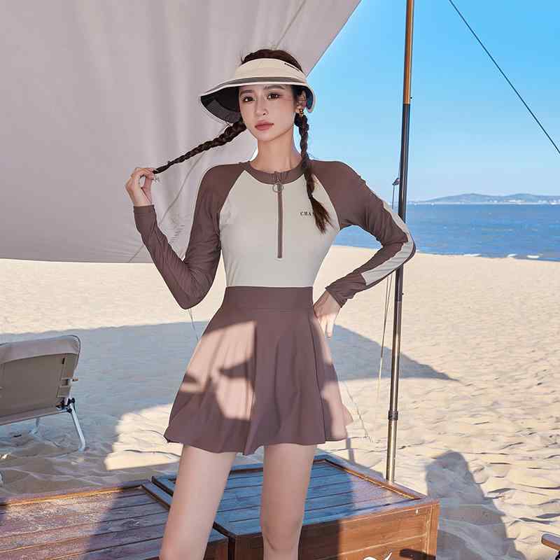 水着 レディース スイムウェア プール 温泉 夏 サマー ブラック コーヒー カジュアル 長袖 スカート ワンピース