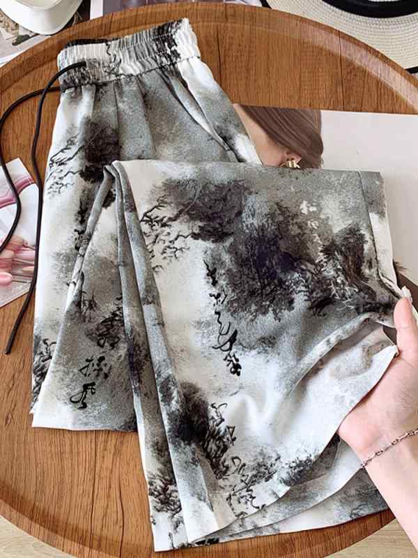 レディース ファッション おしゃれ 水墨画 タイダイ柄 ワイドレッグ パンツ 夏 薄手 涼しい ハイウエスト ひんやり 涼しい 快適 クール パンツ ストレート レッグ パンツ