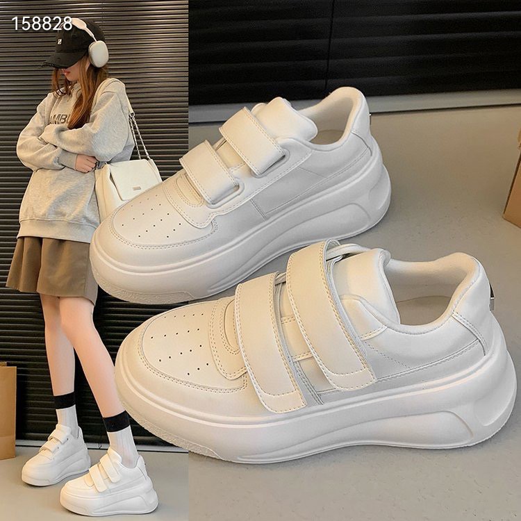 Su Yingyin同風革ベルクロラウンドトゥ白靴2024秋風牛革厚底プラットフォームカジュアルシューズ