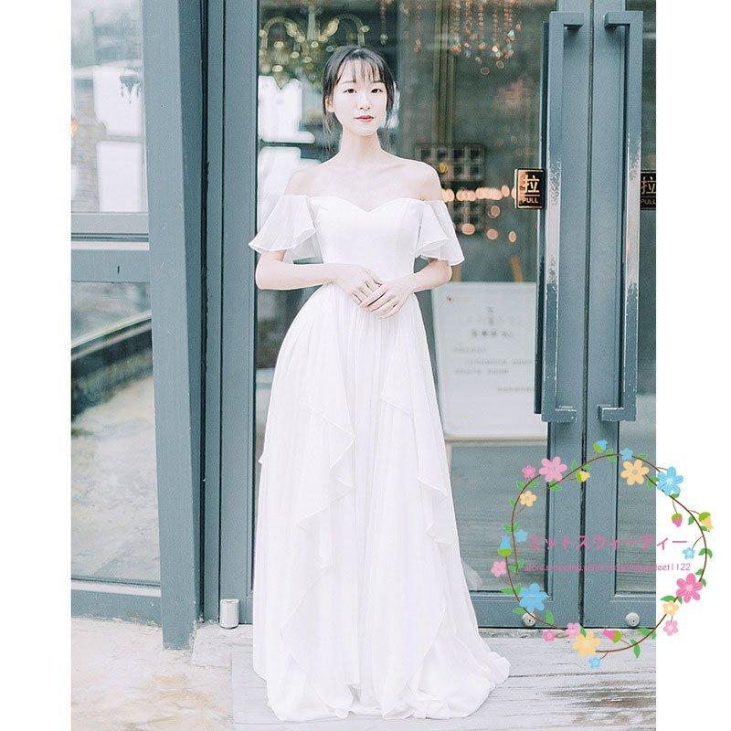 韓国ファッションふわふわ Aライン 編み上げ 袖あり 披露宴 海外挙式ドレス ウェディングドレス 後撮り ウエディングドレス 前撮り 演奏会 シフォン 結婚式 ロング 発表会