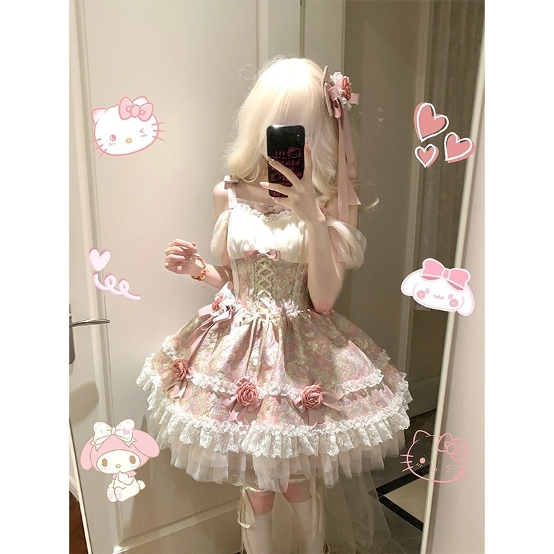 スウィートガールジャガード地ガールロリータドレスロリータ春ウエストプリンセススカート女性用