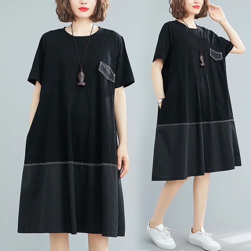 夏の大きいサイズのファットマミー気質の黒いゆるい弾力綿百掛け痩せて見えるTシャツワンピースロングワンピース