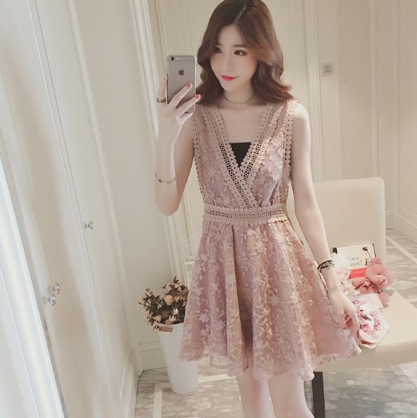 1626.ノースリーブ花柄レースワンピース（ピンク）2019 春夏 sale パーティー 女子会 結婚式 お呼ばれ レストラン 演奏会