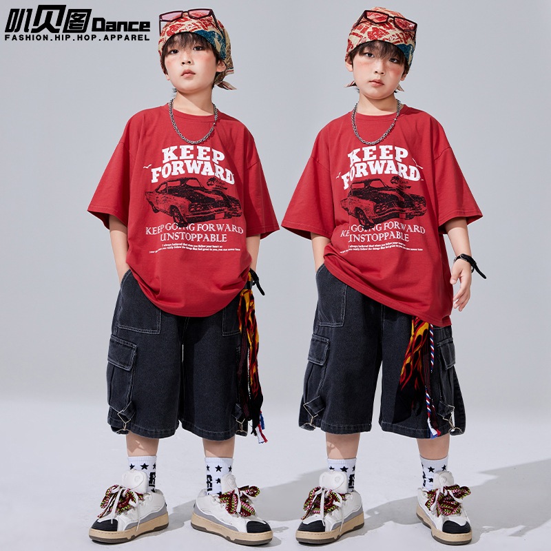 2026 子供用ストリートダンスヒップホップセット男の子用サマーアメリカンスタイルTシャツストリートパフォーマンスコスチューム女の子用パフォーマンスコスチューム