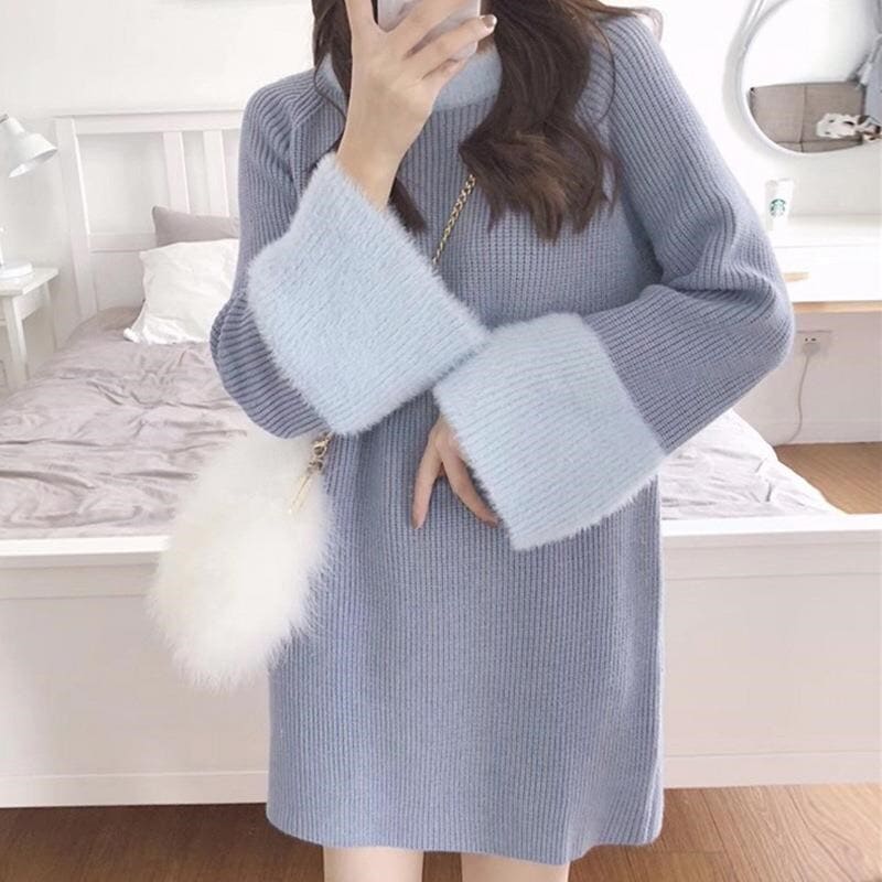 ニット ワンピース リブ 袖フレア ミニ丈 異素材ドッキング