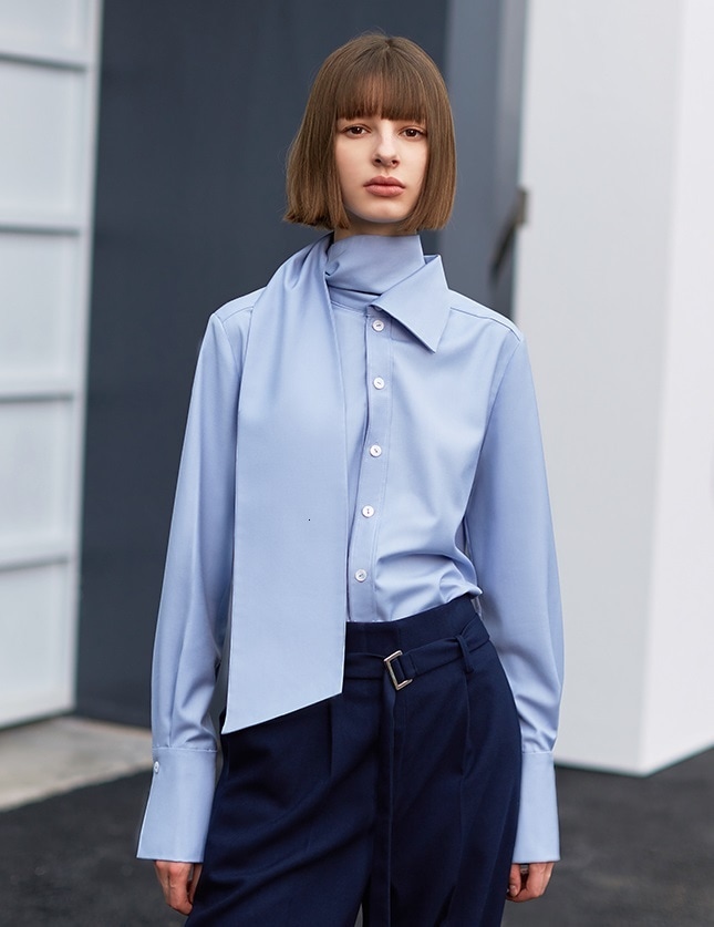 【送料無料】レディース 素敵 スカーフ ブルー 長袖 ルーズフィット シャツ ブラウス