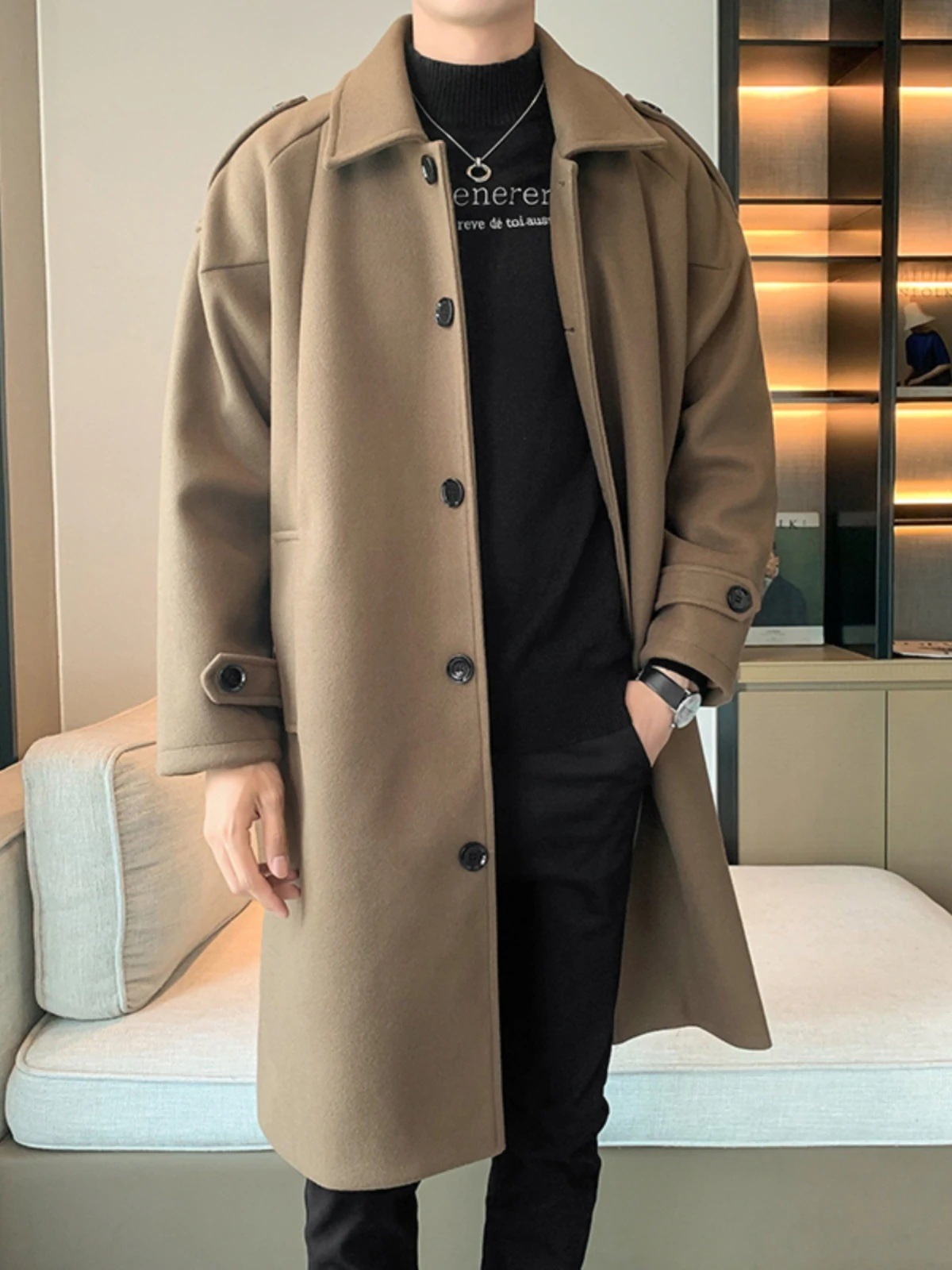 ミドル丈アメリカンウールウインドブレーカー膝丈ウールコート厚手暖かいトレンドブランドゆったりハンサムジャケット男性用 6,091円