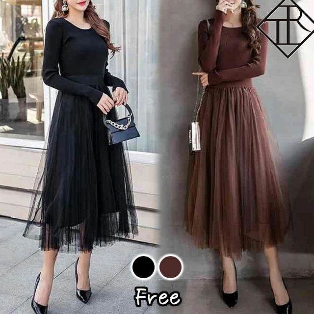 【即納】ワンピース レディース ニットワンピース 秋冬 ロングワンピース 長袖 秋 ニット ワンピース 大きいサイズ フレア チュール 大人可愛い 可愛い お洒落 普段使い 上品 美脚効果 足長 甘め